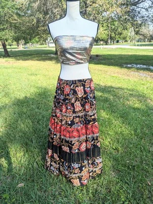 Maxi Falda Completa Vintage Años 90 Carole Little Glittery Campesina Paisley Pradera Foto 1 de 4