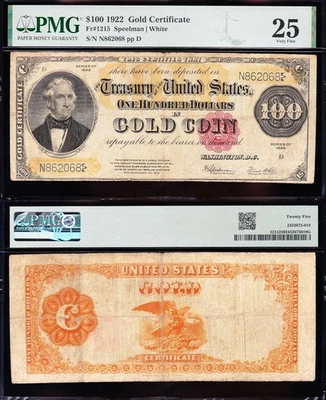 MUY BONITO *RARO* Negrito y nítido en estado bastante bueno+ ¡CERTIFICADO DE ORO DE $100 DE 1922! PMG 25! N862068 Foto 1 de 3