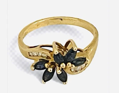 Anillo de cóctel vintage de diamantes y zafiros de oro de 14k talla 6 Foto 1 de 4