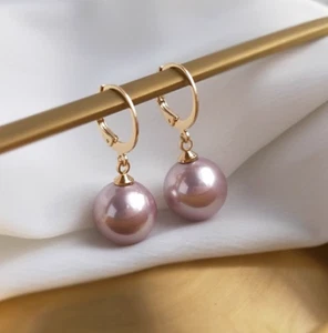 Huge AAA+ 16mm Round South Sea purp Shell Pearl Earrings 14K  Gold Hook earrings - Picture 1 of 5