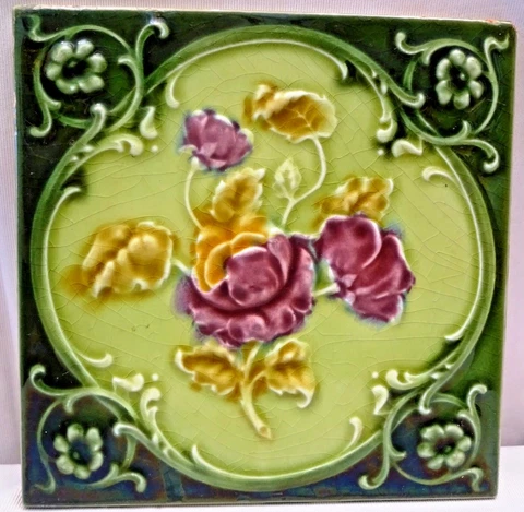 Antique Tile Majolica Rose Purple Art Nouveau England Floral Architecture "170 Cover