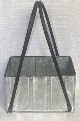 Galvanized Metal Distressed White Paint Long Handles Planter Basket Bucket - Image 1 of 4