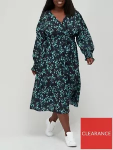 V by Very Curve Long Sleeve Split Front Belted Midi Dress. Black Floral - Picture 1 of 3