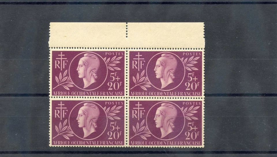 FRENCH WEST AFRICA Sc B1(YT 1)**VF NH BLOCK OF FOUR 1944 1F20+5F LILAC $95 - Imagem 1 de 1