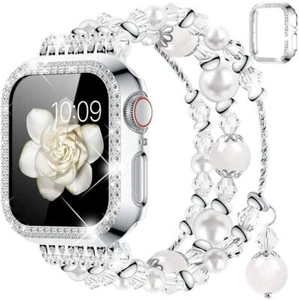 Pearl Strap iWatch Band+Diamond Case For Apple Watch Series 9 8 7 6 5 4 3 2 1 SE - Picture 1 of 17