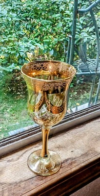 Vintage Amber Gold Glass Draped Etched Gold, Swirl Glass Gold Stem Wine Goblet  - Image 1 of 4