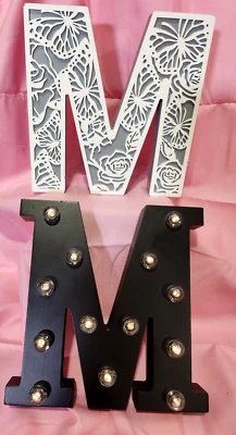 Wooden Letter M's, Set of 2, 1 Illuminated & 1 Laser Cut, 1 Black,1 White & Gray - Image 1 of 4
