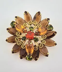 Spilla Vintage Juliana D&E Cioccolato Topazio Citrino e Periodot Strass Fiore - Foto 1 di 5