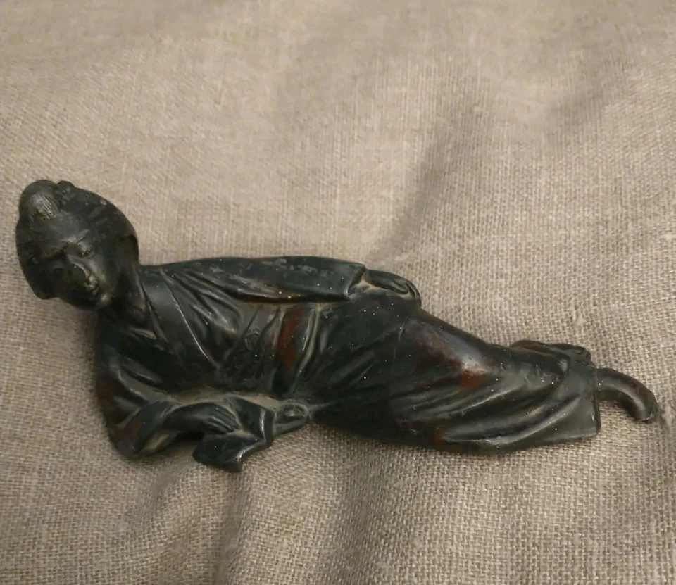 Antique Oriental Bronze Reclined Woman Reading Book Figurine Signed Mark - Image 1 of 4