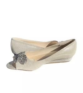 Alex Marie Women 10 Beige Metallic Peep Toe Beaded Wedge Flats - Picture 1 of 10