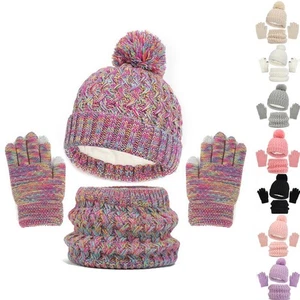 3PCS/set Kids Hat Scarf Gloves Set Baby Winter Warm Girls Boys Pompom Beanie Cap - Foto 1 di 21