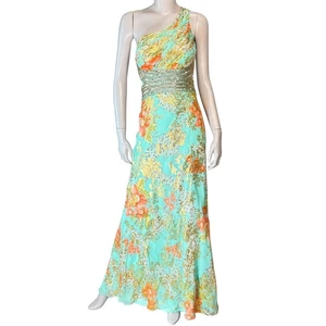 Betsy & Adam Y2K Maxi Prom Dress Women's 6 Floral Silk Metallic One-Shoulder - Picture 1 of 12