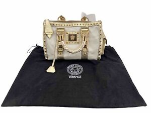 Versace Madonna Satchel Handbag Ivory Canvas Studded Gold Tone Double Handles