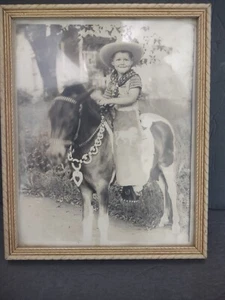 Vtg Framed Photo of Boy Dressed as Cowboy w/ Hat & Chaps on Pony Horse      B4 - Picture 1 of 8