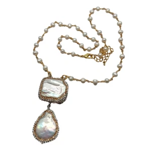 20" Freshwater Cultured White Pearl Rosary Chain Necklace Keshi Pearl Pendant - Picture 1 of 8