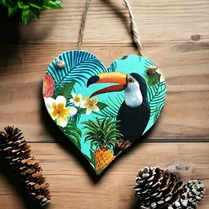 Toucan Tropical Theme Handmade Decoupaged wooden hanging heart decoration 12cm - Picture 1 of 1