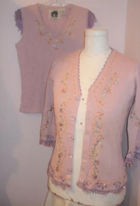 Storybook Knits Purple Floral BRIOLETTS DANGLING Size XS Cardigan & TANK TOP - Picture 1 of 5