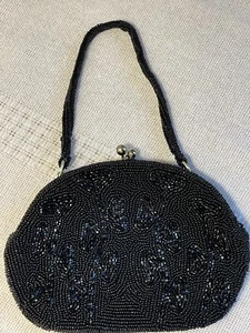 Vintage Black Beaded Evening Bag Clutch Purse Made in Japan MINT. * - Picture 1 of 10