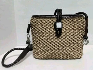 VTG Brighton Woven Jute Purse Crossbody Bag Tan Brown Faux Leather Trim Boho - Picture 1 of 18