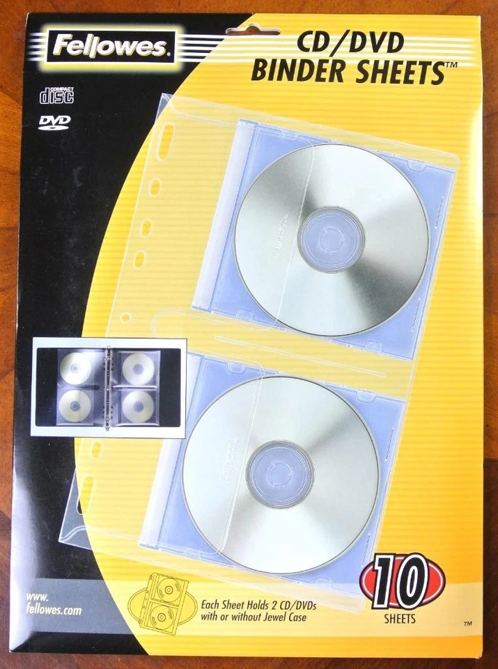 10张Binder Sheets Fellowes组织者DVD和CD媒体粘合剂支架套乙烯 — 第 1/1 张图片