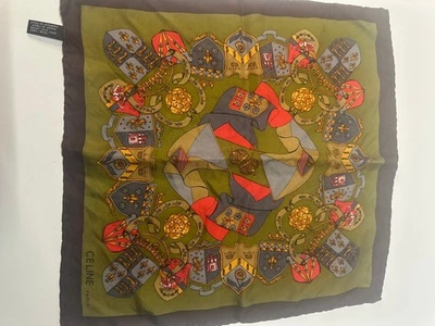 Bufanda de seda para mujer Celine verde oliva y marrón estampado heráldico talla única Foto 1 de 4