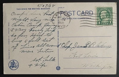 Larame, Wyoming Post Card, mailed May 27, 1938, to Fort Lewis, WA -  WY - Image 1 of 2