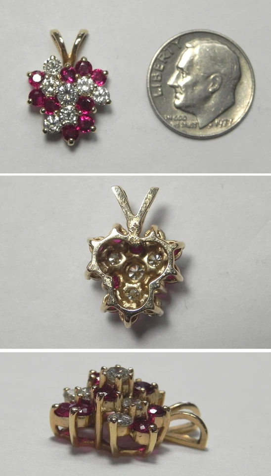 V521 Estate Solid 14K Yellow Gold Ruby & Diamond Spiral Cluster Pendant No Chain - Image 1 of 1