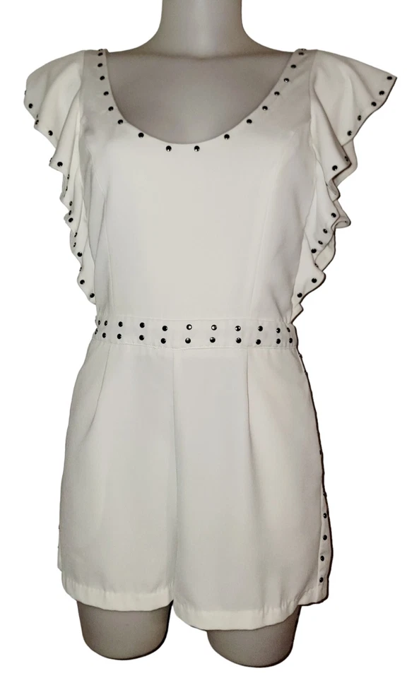 Karina Grimaldi Sz XS Women's White Low Back Studded Ruffle Preppy Mini Romper - Imagem 1 de 4