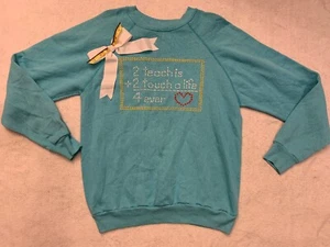 Vintage 90s Womens Cute Teacher Sweatshirt Sz L Blue Math Ribbon Ruler Heart USA - Picture 1 of 12