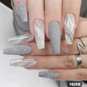 24pcs L Coffin Silver Glitter Fake Nail False Nails Press On Nails Glue - Picture 1 of 8