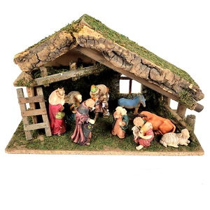 Handbemalte 4,25" Hartharz Krippe Set 9 Stck. mit Kork, Moos, Holzkrippe LESEN - Bild 1 von 10