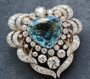 Victorian 935 Argentium Silver Big Aquamarine & Lab-Created Diamond Heart Brooch