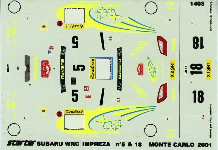 SUBARU IMPREZA  WRC N°5 / 18  RALLY MONTECARLO 2001 STARTER DECALS 1/43 - Immagine 1 di 1