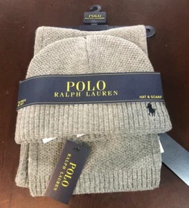 150 $ Polo Ralph Lauren Mütze und Schal Set Wollmütze grau marineblau Pony - Bild 1 von 4