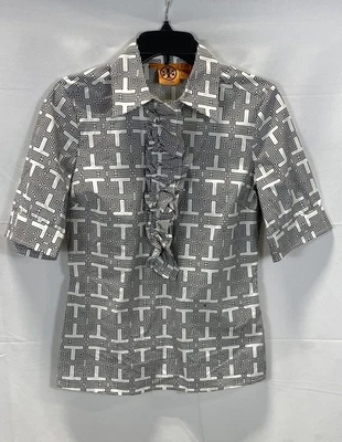 Tory Burch Women's Black White Geometric Logo Ruffle Front Shirt Blouse Size 4 - Image 1 of 4