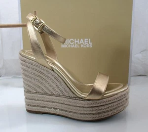 Michael Kors Leighton Wedge Ankle Strap Espadrille Platform Sandal Gold Size 9 - Picture 1 of 9
