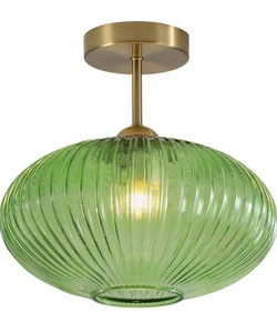 Green Ribbed Glass Semi Flush Mount Ceiling Light Brushed Gold Vintage Style - Picture 1 of 3