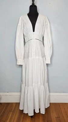 Vestido GIANNI BINI Pradera 8 Mangas Largas Cuello en V Profundo Algodón Lino Blanco Boho Nuevo con Etiquetas Foto 1 de 4