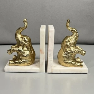 Vintage Solid Brass and Marble Elephant Sitting Trunk Up Bookends 5" Tall - Picture 1 of 11
