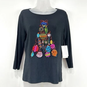 Lucia Burns Top Women's M Black NWT VTG Christmas Sequins Beads Artsy Stretch - Picture 1 of 12