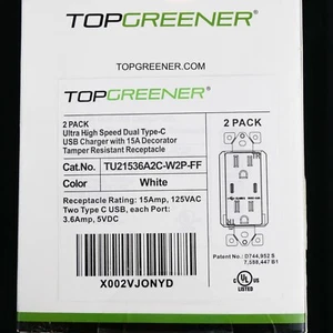 TOPGREENER Dual Type-C USB Charger Outlet w/ 15 A Receptacle 2 Pack Plug White - Picture 1 of 5