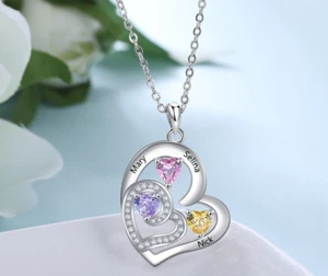 Personalized Engraved Double Heart Pendant Necklace 3 Names +  3 Birthstones - Picture 1 of 5
