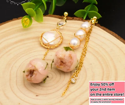 Freshwater Pearl Earrings Real Flower Drop Bohemian Asymmetrical 925 Silver - Image 1 of 4