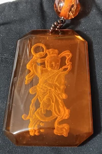 Asian Warrior Intaglio Reverse Carved Glass Pendant Necklace w/ long Chain 30" - Picture 1 of 8