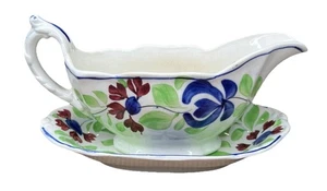 Antique Allertons Persian Ware England Gravy Sauce Boat & Underplate Blue & Red - Picture 1 of 12