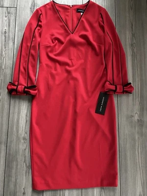 Vestido de Cóctel Andrew Marc Cuello en V Rojo con Tubería Negra Arco Mangas 3/4 Talla 2 Foto 1 de 4