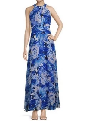 Nuevo con etiquetas Vestido Maxi Halter Floral de Gasa Eliza J. Para Mujer Talla 8 Azul Multicolor Fiesta Foto 1 de 4