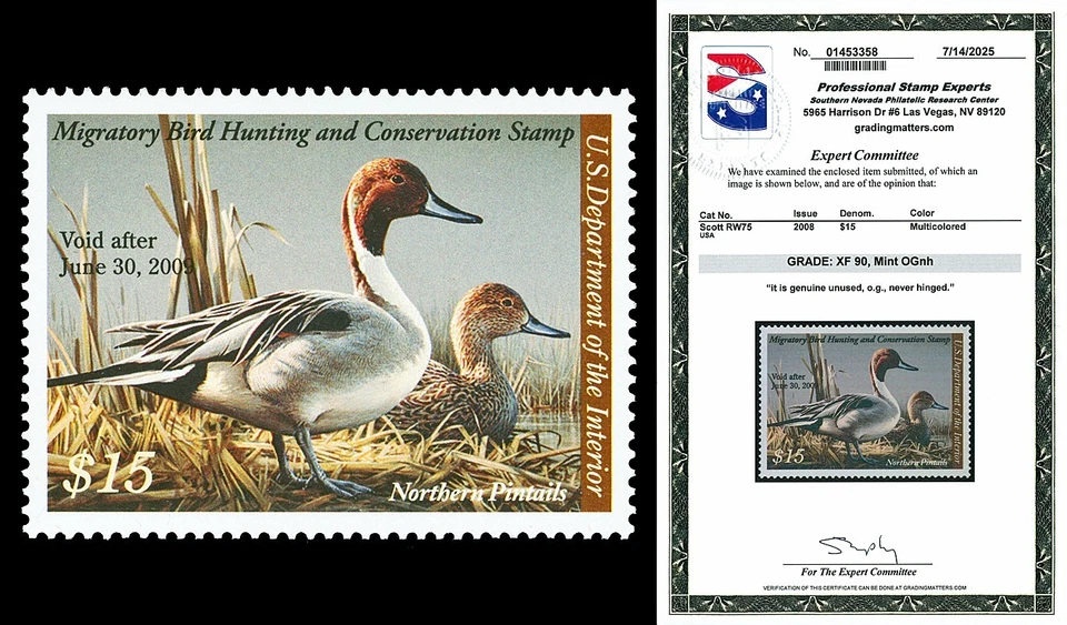 Scott RW75 2008 $15.00 Duck Stamp Mint Graded XF 90 NH with PSE CERT - Image 1 of 1