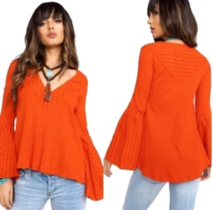 Free People Parisian Nights Tunic Top Waffle Knit With Bell Sleeves Red-Orange L - Picture 1 of 16