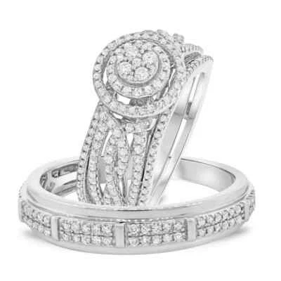 Conjunto de trío de anillos de oro blanco sobre diamantes creados compromiso su banda nupcial Foto 1 de 4